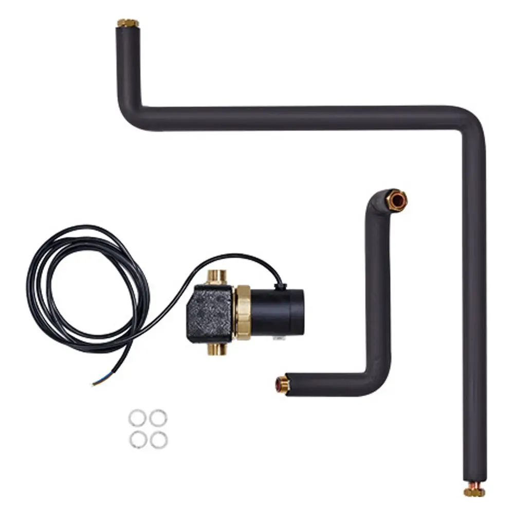 Zubehörset von Vaillant mit mehreren gebogenen Rohren und einem Magnetventil, geeignet für die Zirkulation in Heizsystemen. Enthält O-Ringe für die Verbindung.